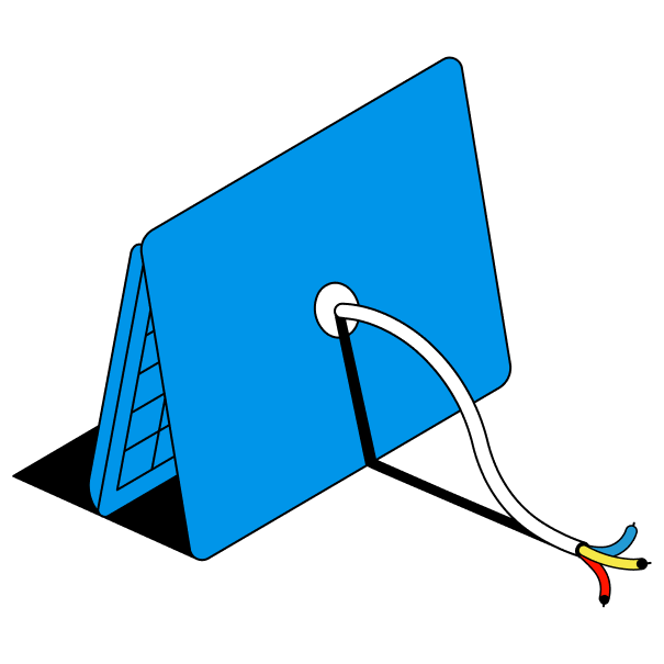An almost closed blue laptop with a white wire splitting apart into a blue, yellow and red wire